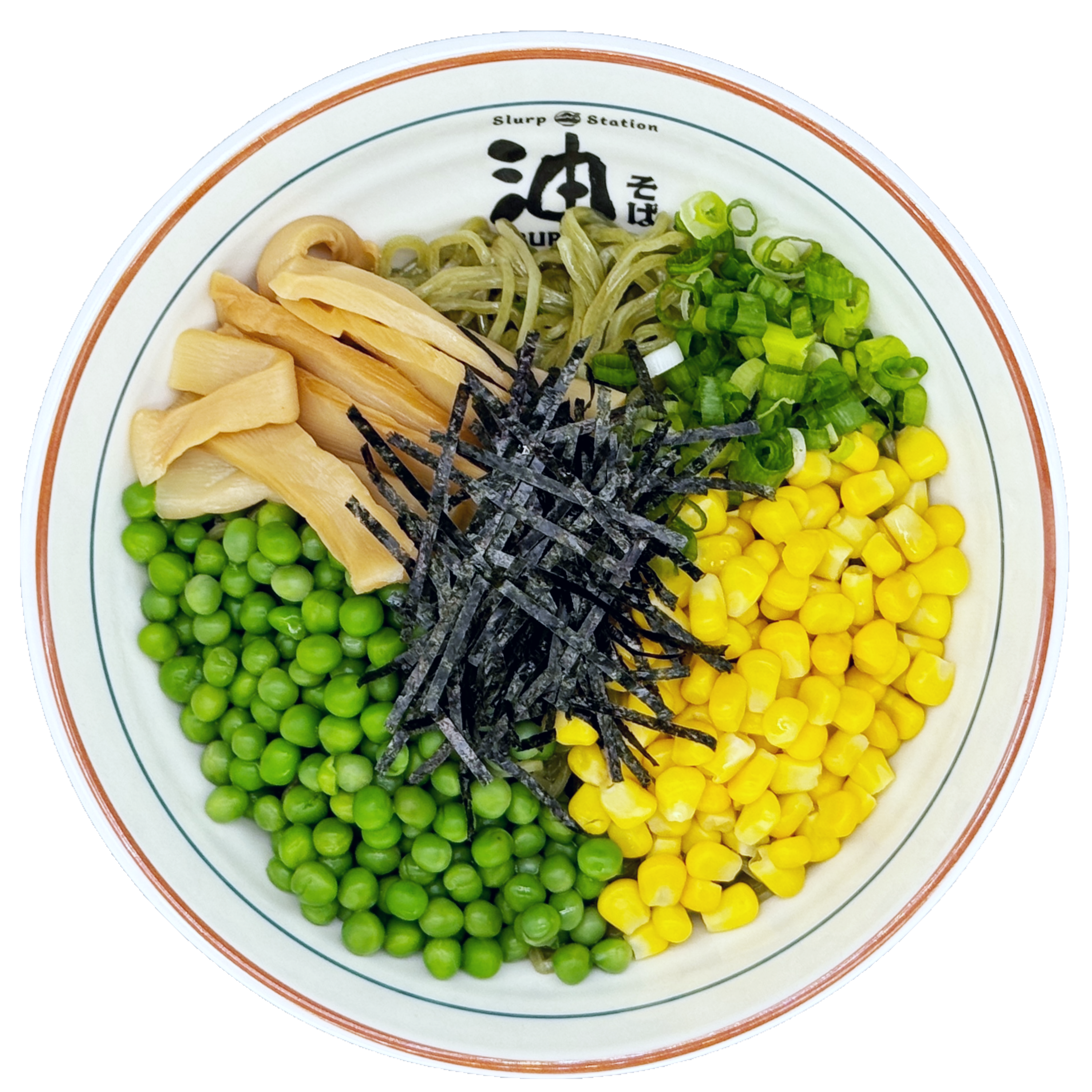 Vegan aburasoba with kale noodles, peas, and corn